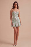 Sage Green Floral A Line Strapless Short Cocktail Dress