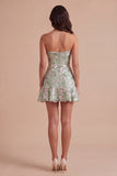 Sage Green Floral A Line Strapless Short Cocktail Dress