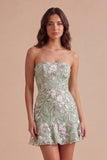 Sage Green Floral A Line Strapless Short Cocktail Dress