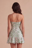 Sage Green Floral A Line Strapless Short Cocktail Dress
