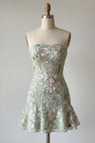 Sage Green Floral A Line Strapless Short Cocktail Dress
