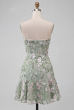 Sage Green Floral A Line Strapless Short Cocktail Dress