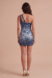 Navy Sparkly Sequin Floral Bodycon One Shoulder Short Cocktail Dress