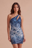 Navy Sparkly Sequin Floral Bodycon One Shoulder Short Cocktail Dress