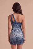Navy Sparkly Sequin Floral Bodycon One Shoulder Short Cocktail Dress
