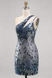 Navy Sparkly Sequin Floral Bodycon One Shoulder Short Cocktail Dress
