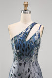 Navy Sparkly Sequin Floral Bodycon One Shoulder Short Cocktail Dress