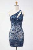 Navy Sparkly Sequin Floral Bodycon One Shoulder Short Cocktail Dress
