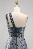 Navy Sparkly Sequin Floral Bodycon One Shoulder Short Cocktail Dress