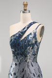 Navy Sparkly Sequin Floral Bodycon One Shoulder Short Cocktail Dress