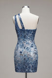 Navy Sparkly Sequin Floral Bodycon One Shoulder Short Cocktail Dress
