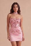 Pink Sparkly Sequin Bodycon Neck Scarf Short Cocktail Dress