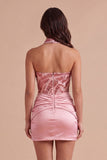 Pink Sparkly Sequin Bodycon Neck Scarf Short Cocktail Dress