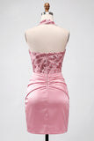 Pink Sparkly Sequin Bodycon Neck Scarf Short Cocktail Dress