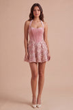 Pink Sparkly Sequin Floral Corset A Line Halter Short Cocktail Dress