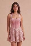 Pink Sparkly Sequin Floral Corset A Line Halter Short Cocktail Dress
