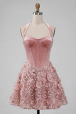 Pink Sparkly Sequin Floral Corset A Line Halter Short Cocktail Dress