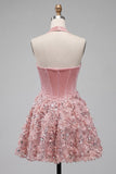 Pink Sparkly Sequin Floral Corset A Line Halter Short Cocktail Dress