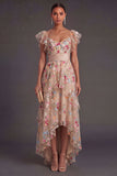 Corset Champagne Floral A Line High Low Wedding Guest Dress