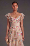 Corset Champagne Floral A Line High Low Wedding Guest Dress