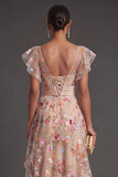Corset Champagne Floral A Line High Low Wedding Guest Dress