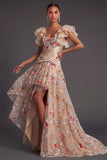 Ruffled A Line Floral Champagne High Low Wedding Guest Dress