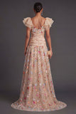 Ruffled A Line Floral Champagne High Low Wedding Guest Dress
