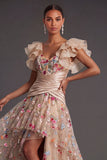 Ruffled A Line Floral Champagne High Low Wedding Guest Dress