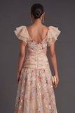 Ruffled A Line Floral Champagne High Low Wedding Guest Dress