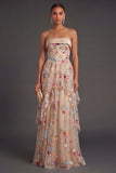 Corset Floral Champagne Strapless Long Wedding Guest Dress