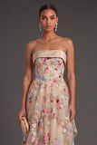 Corset Floral Champagne Strapless Long Wedding Guest Dress