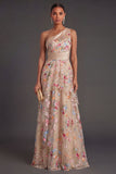 Champagne One Shoulder A Line Ruffled Floral Long Wedding Guest Dress