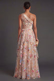 Champagne One Shoulder A Line Ruffled Floral Long Wedding Guest Dress