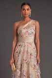 Champagne One Shoulder A Line Ruffled Floral Long Wedding Guest Dress