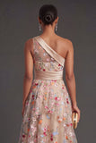 Champagne One Shoulder A Line Ruffled Floral Long Wedding Guest Dress