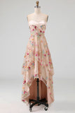 A Line Sweetheart Corset Floral Champagne High Low Wedding Guest Dress