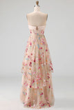 A Line Sweetheart Corset Floral Champagne High Low Wedding Guest Dress