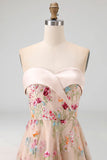 A Line Sweetheart Corset Floral Champagne High Low Wedding Guest Dress