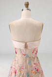 A Line Sweetheart Corset Floral Champagne High Low Wedding Guest Dress