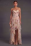 A Line Sweetheart Corset Floral Champagne High Low Wedding Guest Dress