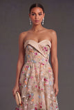 A Line Sweetheart Corset Floral Champagne High Low Wedding Guest Dress