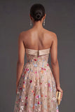 A Line Sweetheart Corset Floral Champagne High Low Wedding Guest Dress