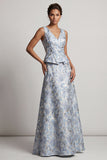 Dusty Blue A-Line V-Neck Jacquard Maxi Formal Dress