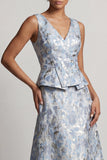 Dusty Blue A-Line V-Neck Jacquard Maxi Formal Dress