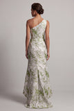 Light Green One Shoulder Mermaid High Low Jacquard Formal Dress