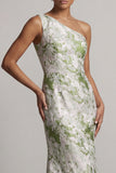 Light Green One Shoulder Mermaid High Low Jacquard Formal Dress