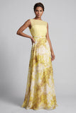 Yellow Floral Illusion Neck A Line Long Wedding Guest Dress