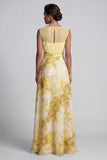 Yellow Floral Illusion Neck A Line Long Wedding Guest Dress