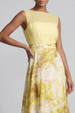 Yellow Floral Illusion Neck A Line Long Wedding Guest Dress