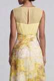 Yellow Floral Illusion Neck A Line Long Wedding Guest Dress